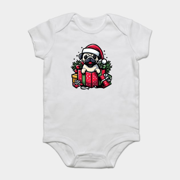 Pug In Present Dog Christmas Festive Santa Hat Baby Bodysuit by Frank Ring